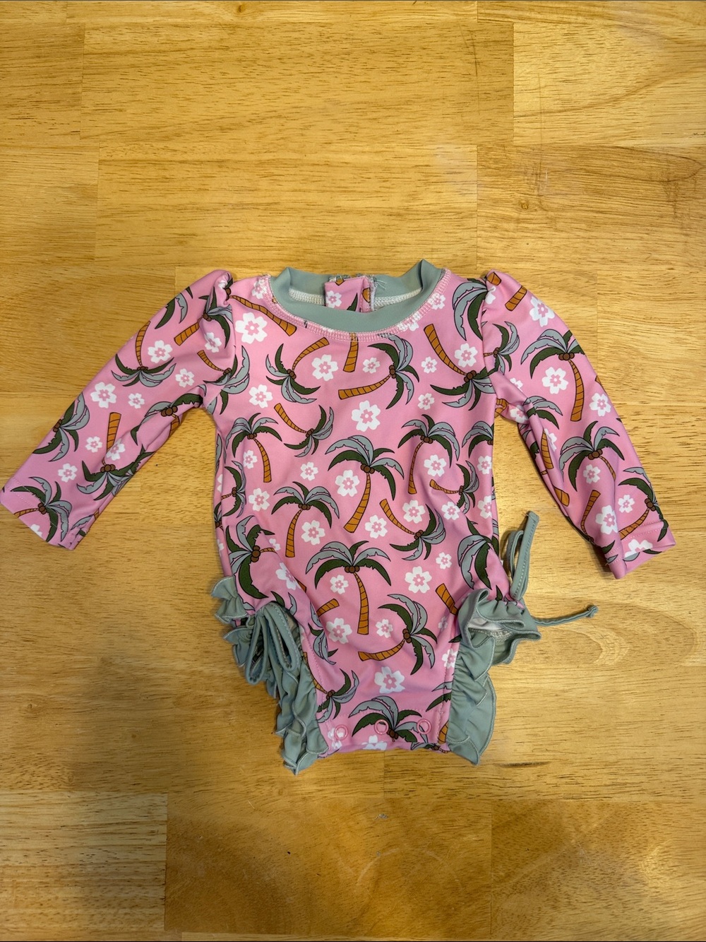 Caden Lane Pink Palm Tree Ruffle Long-Sleeve Baby One-Piece